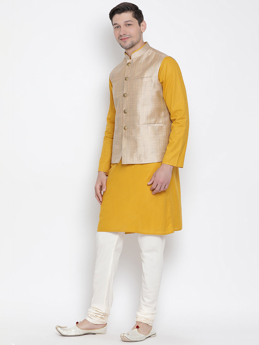 Vastramay Men's Yellow Cotton Linen Blend Jacket, Kurta and Pyjama Set - Distacart