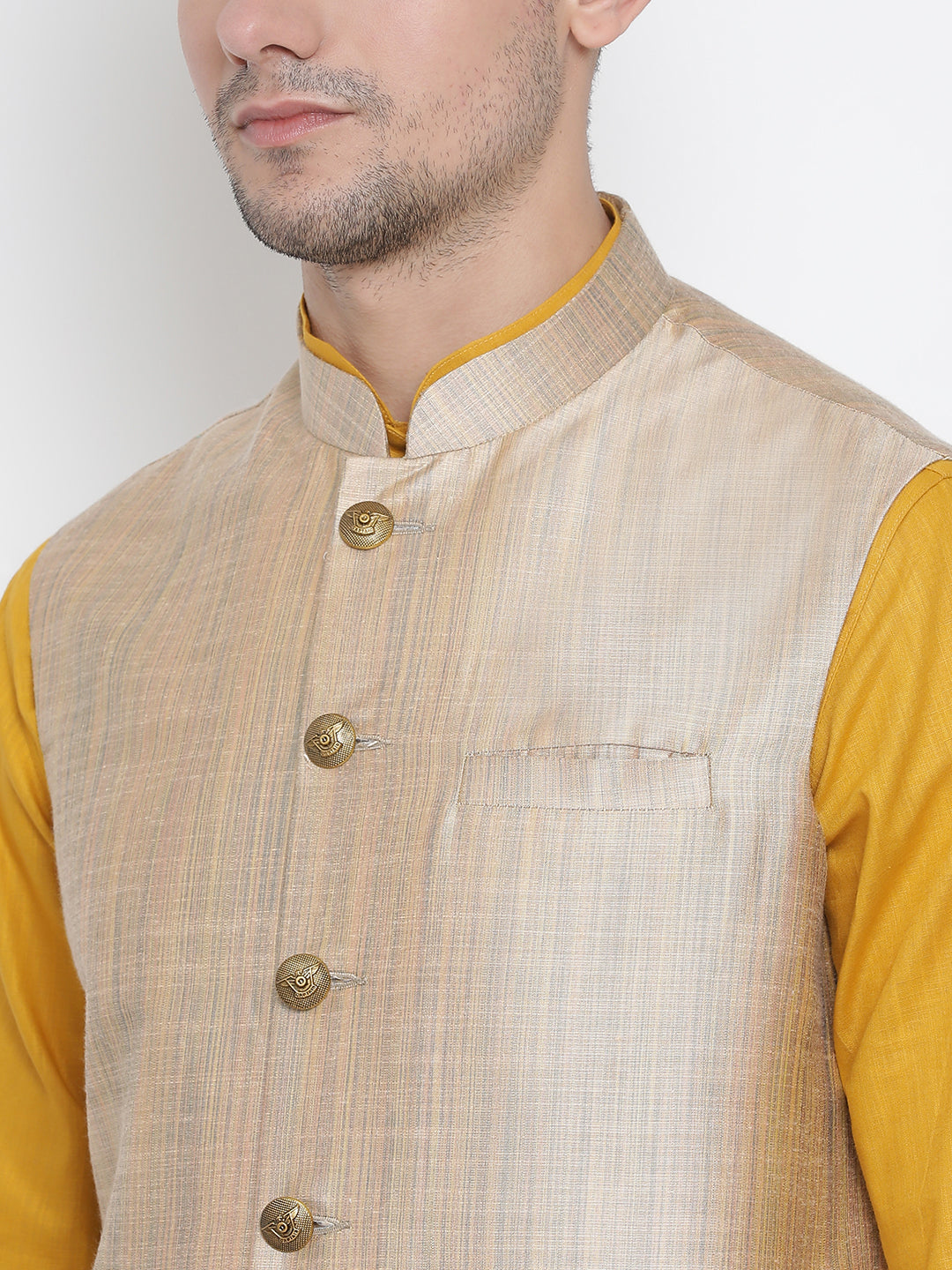 Vastramay Men's Yellow Cotton Linen Blend Jacket, Kurta and Pyjama Set - Distacart