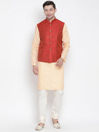 Thumbnail for Vastramay Men's Orange Cotton Linen Blend Jacket, Kurta and Pyjama Set - Distacart