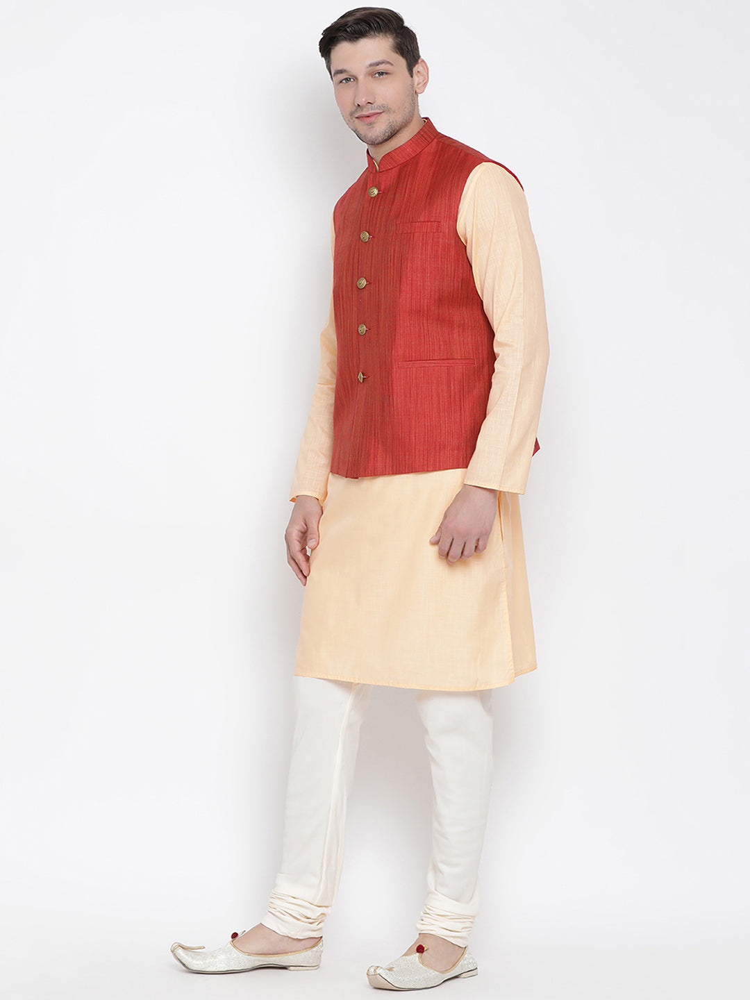 Vastramay Men's Orange Cotton Linen Blend Jacket, Kurta and Pyjama Set - Distacart