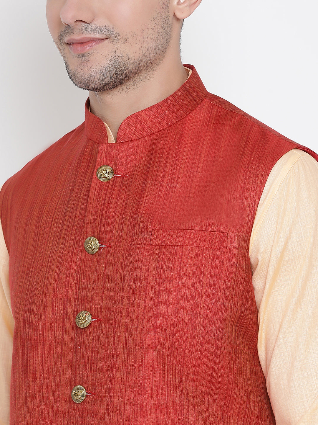 Vastramay Men's Orange Cotton Linen Blend Jacket, Kurta and Pyjama Set - Distacart