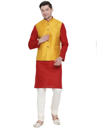 Thumbnail for Vastramay Men's Maroon Cotton Linen Blend Jacket, Kurta and Pyjama Set - Distacart