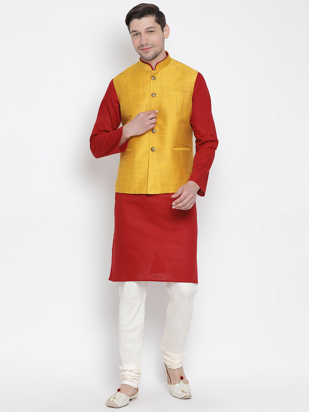 Vastramay Men's Maroon Cotton Linen Blend Jacket, Kurta and Pyjama Set - Distacart