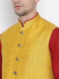 Thumbnail for Vastramay Men's Maroon Cotton Linen Blend Jacket, Kurta and Pyjama Set - Distacart