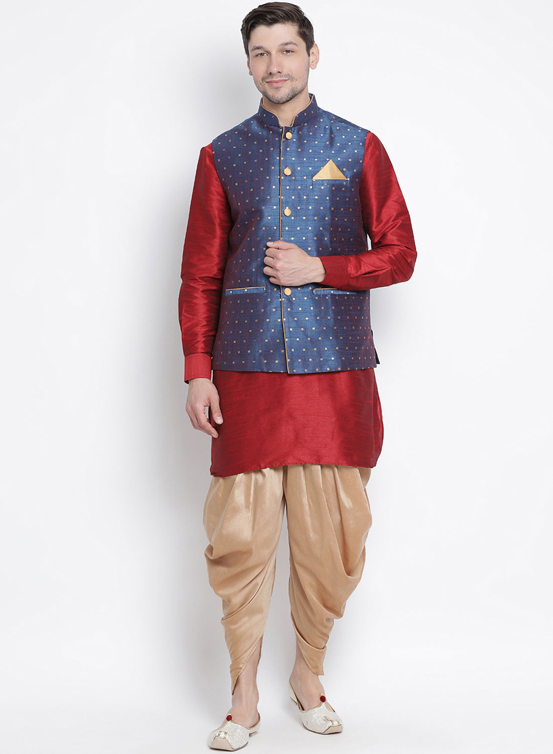 Vastramay Men's Maroon Silk Blend Jacket, Kurta and Dhoti Set - Distacart