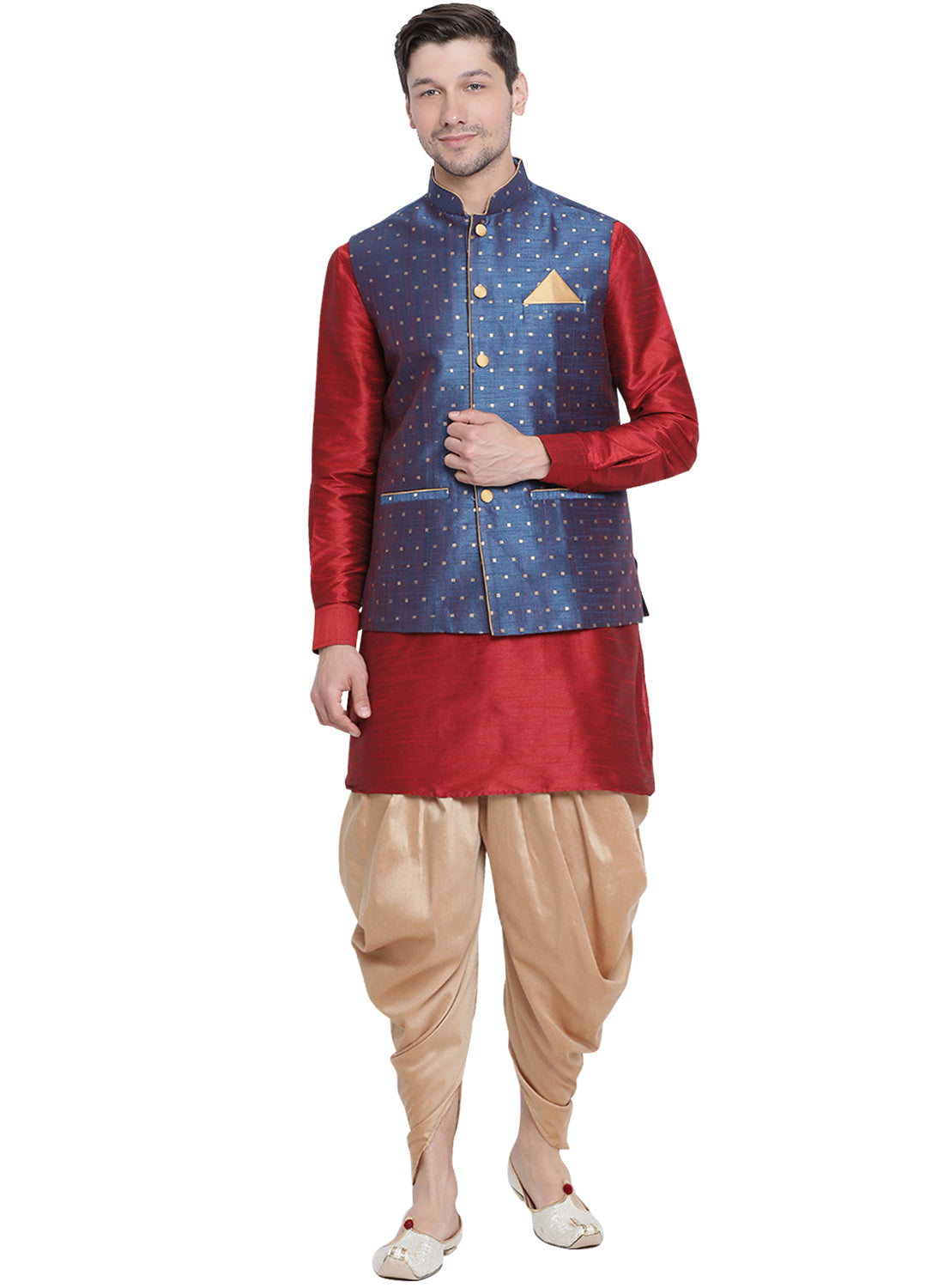 Vastramay Men's Maroon Silk Blend Jacket, Kurta and Dhoti Set - Distacart