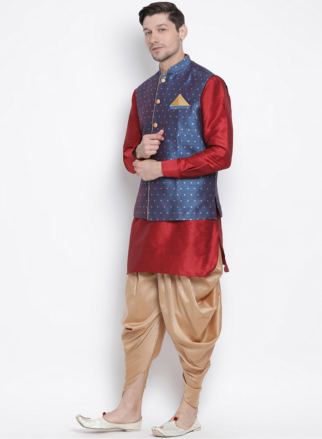 Vastramay Men's Maroon Silk Blend Jacket, Kurta and Dhoti Set - Distacart