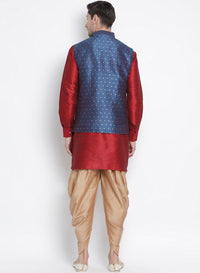 Thumbnail for Vastramay Men's Maroon Silk Blend Jacket, Kurta and Dhoti Set - Distacart