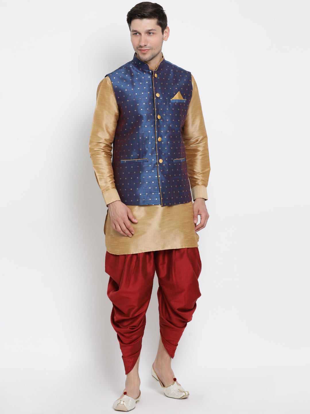 VM by Vastramay Men's Gold Silk Blend Jacket, Kurta And Dhoti Set - Distacart