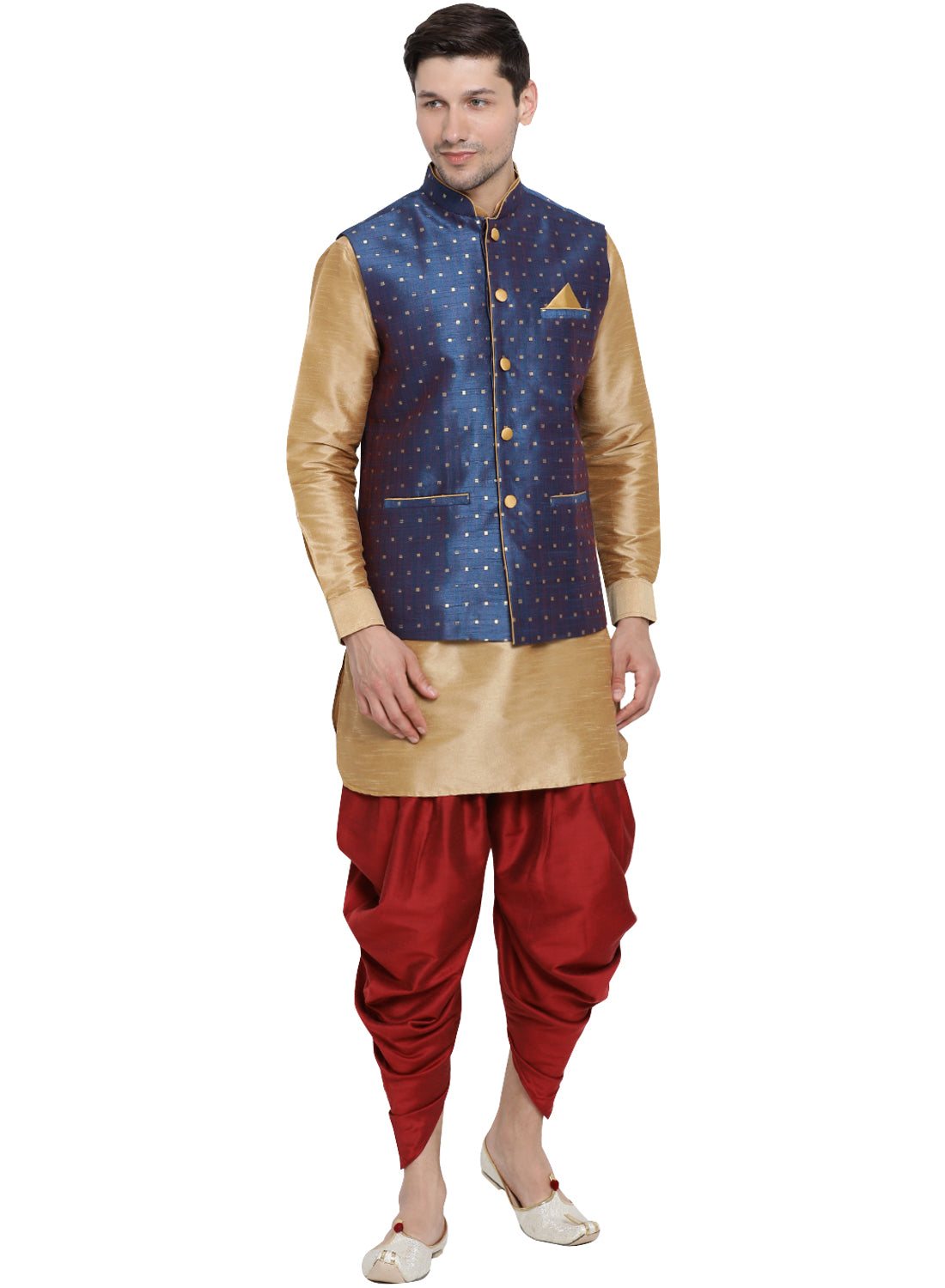 VM by Vastramay Men's Gold Silk Blend Jacket, Kurta And Dhoti Set - Distacart