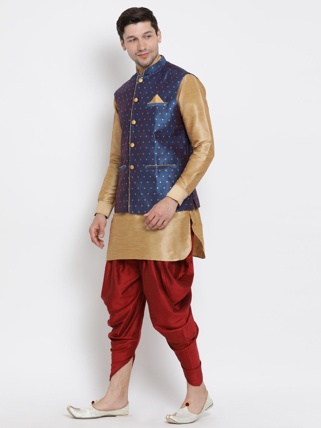 VM by Vastramay Men's Gold Silk Blend Jacket, Kurta And Dhoti Set - Distacart