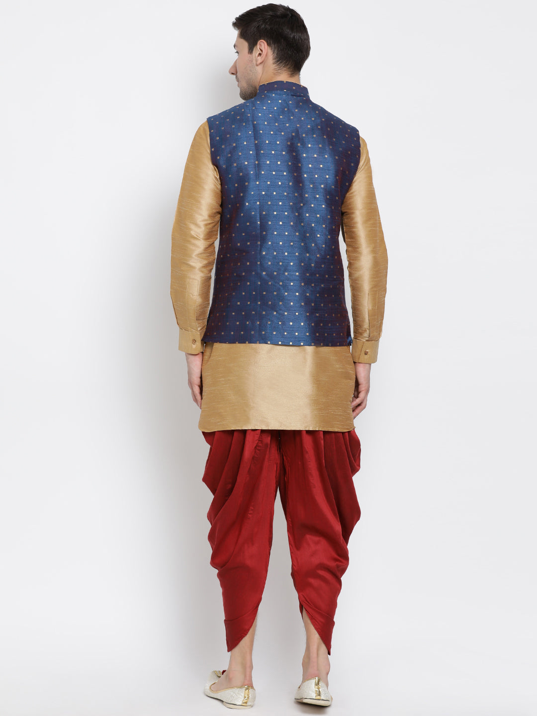 VM by Vastramay Men's Gold Silk Blend Jacket, Kurta And Dhoti Set - Distacart