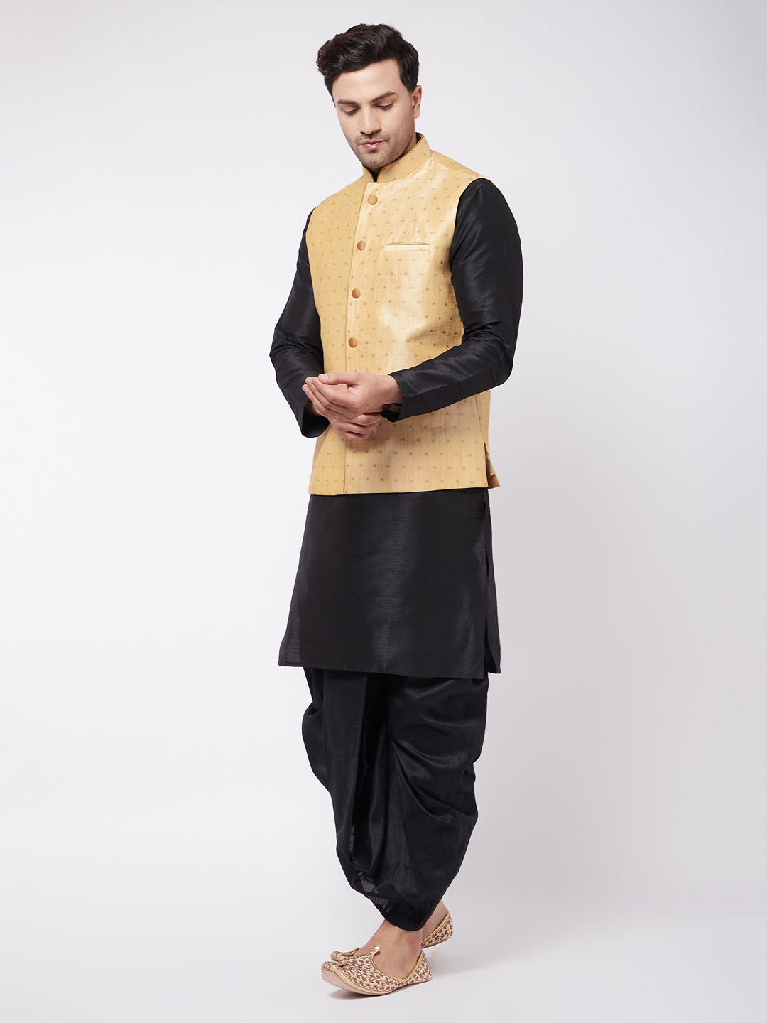 Black Kurta Pajama With Gold Jacket