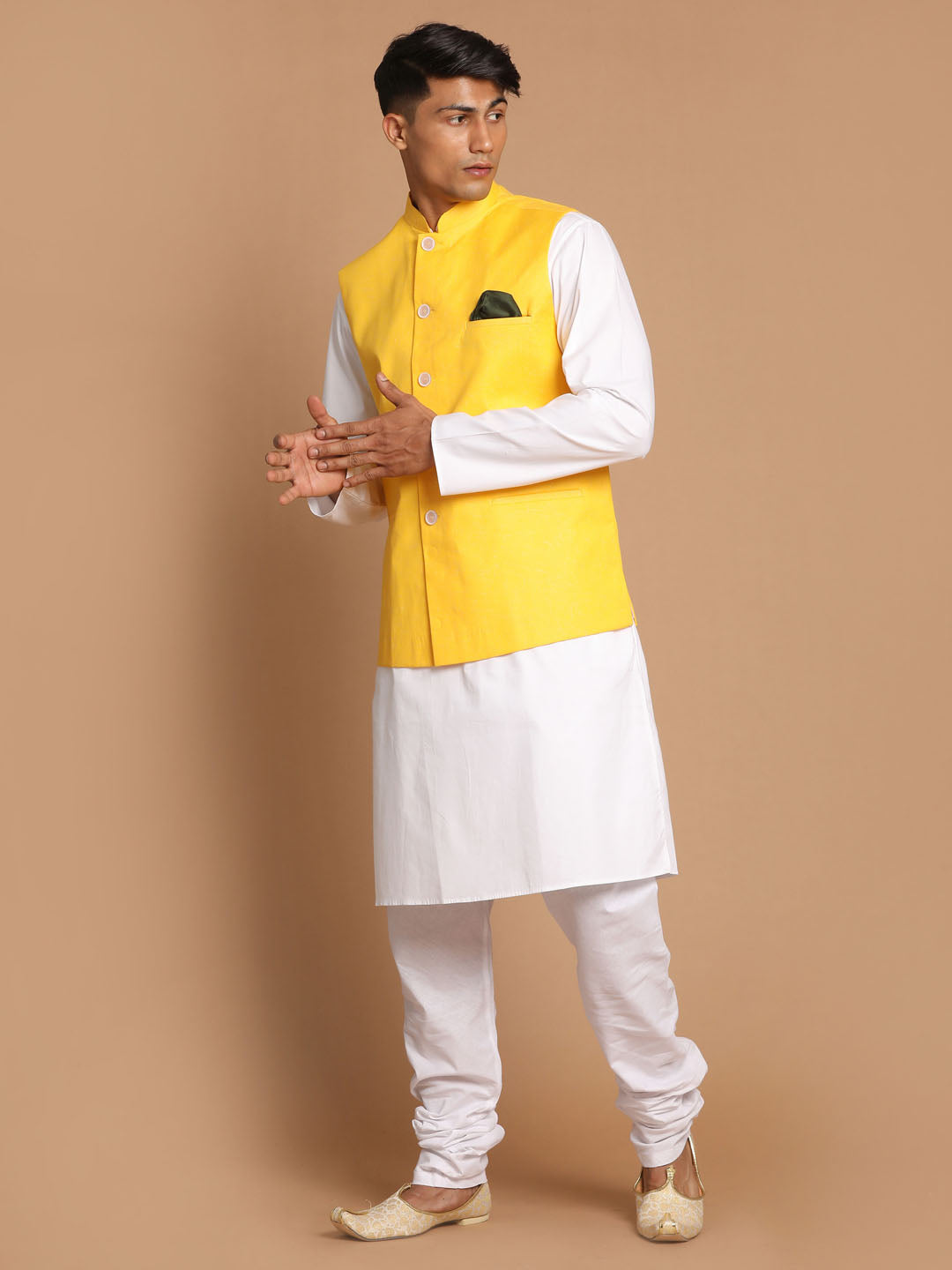 Vastramay Men s Yellow And White Pure Cotton Jacket Kurta And Pyjama Set