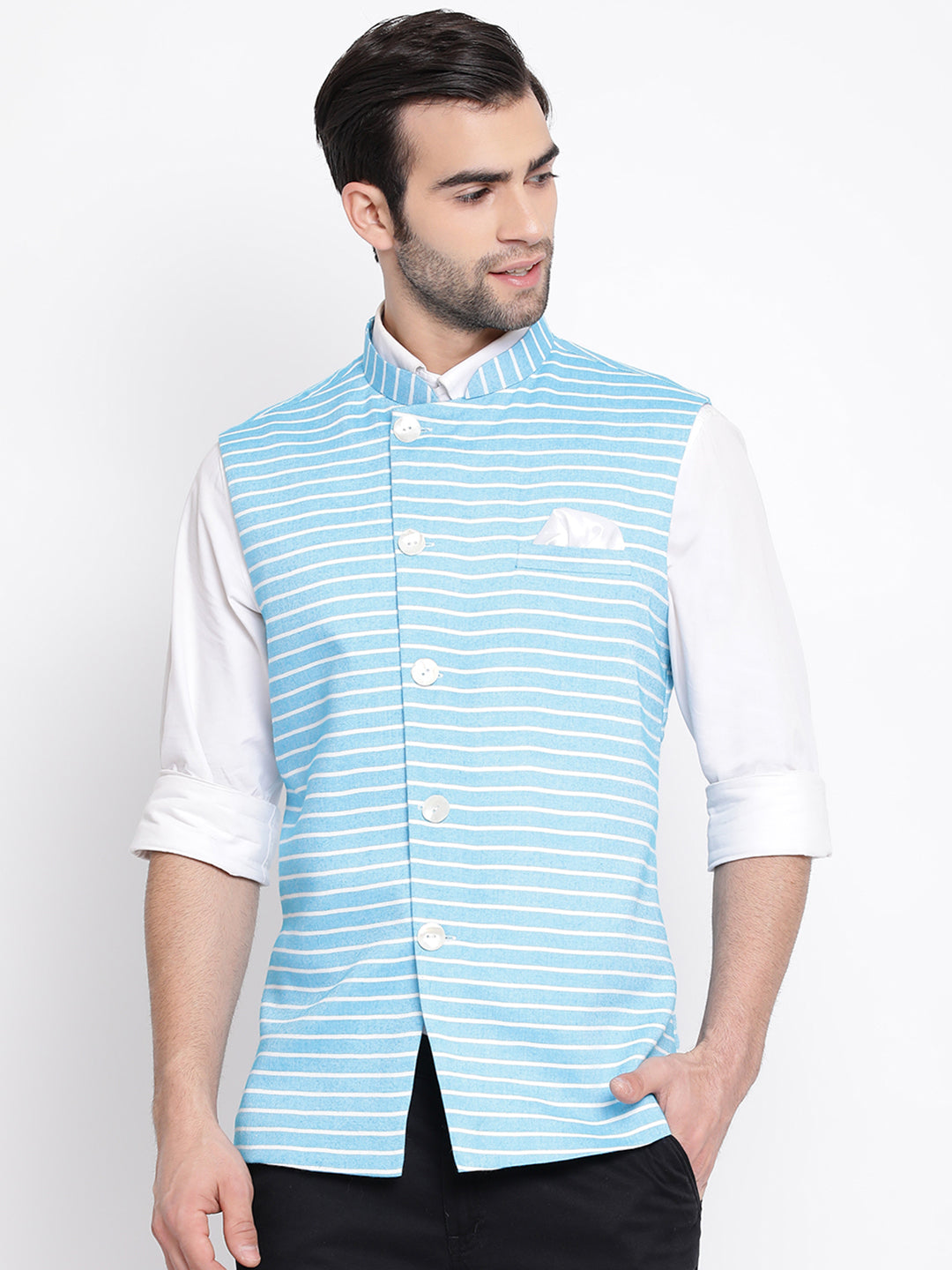 White cotton blend nehru on sale jacket