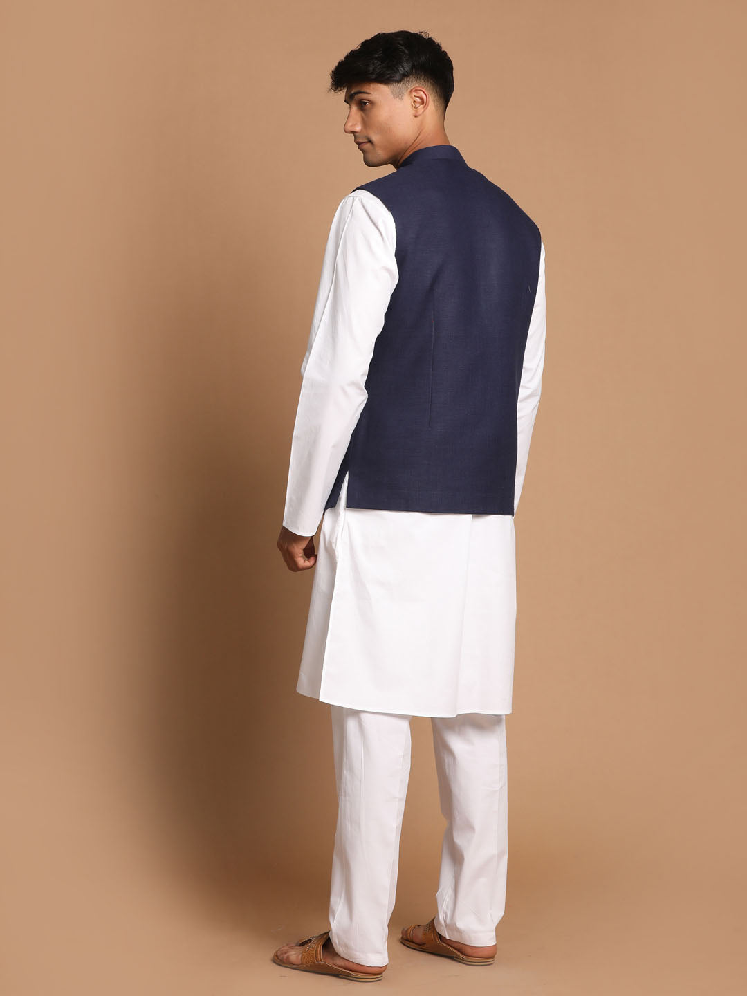 White kurta pajama with blue jacket sales