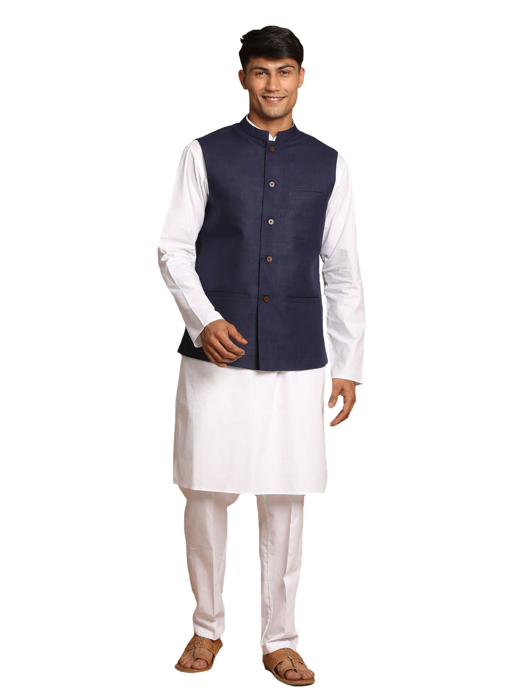 White kurta pajama 2025 with navy blue jacket