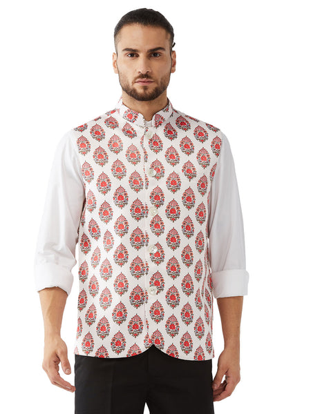 Vastramay Men's Cream And Red Block Print Nehru Jacket - Distacart