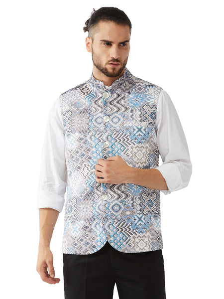 Vastramay Men's Grey And Blue Snake Skin Printed Nehru Jacket - Distacart