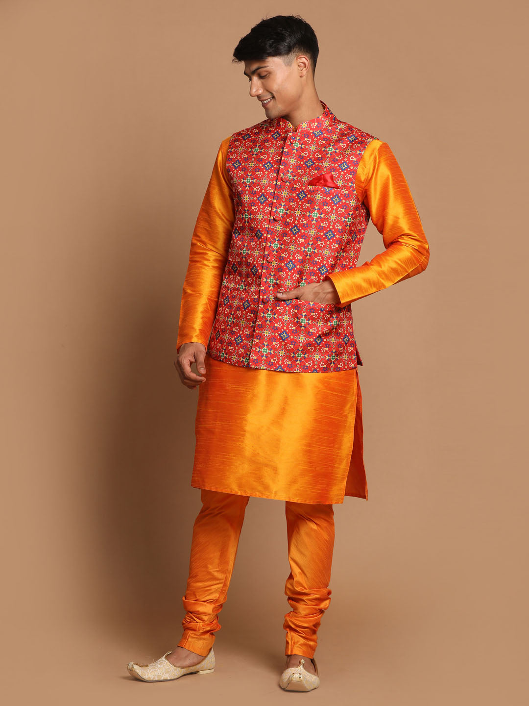 Modern cut orange kurta jacket set - Lattsaheb