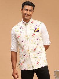 Thumbnail for Vastramay Men's Cream Floral Nehru Jacket - Distacart