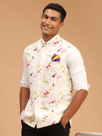 Thumbnail for Vastramay Men's Cream Floral Nehru Jacket - Distacart