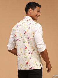 Thumbnail for Vastramay Men's Cream Floral Nehru Jacket - Distacart