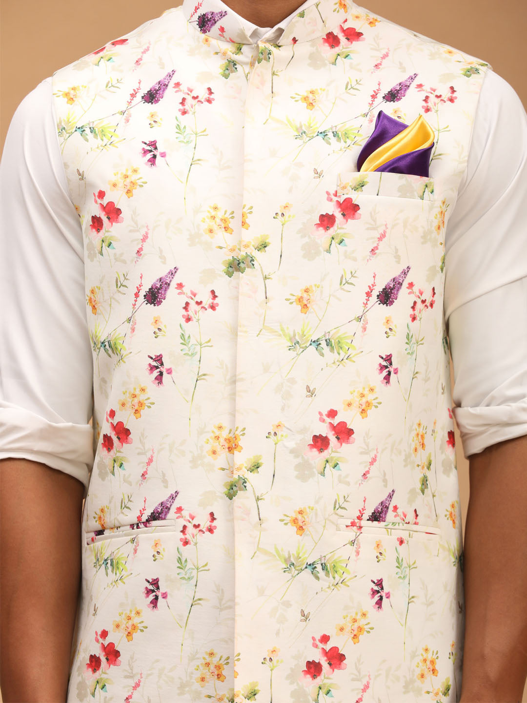 Vastramay Men's Cream Floral Nehru Jacket - Distacart