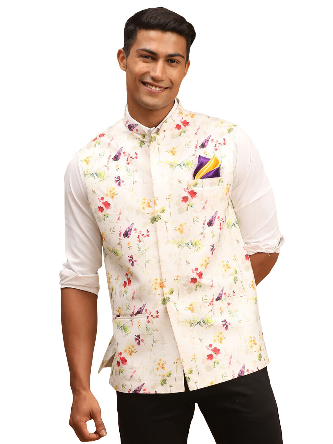 Vastramay Men's Cream Floral Nehru Jacket - Distacart