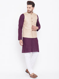 Thumbnail for Vastramay Men's Beige, Purple And White Cotton Blend Jacket, Kurta and Pyjama Set - Distacart