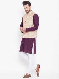 Thumbnail for Vastramay Men's Beige, Purple And White Cotton Blend Jacket, Kurta and Pyjama Set - Distacart