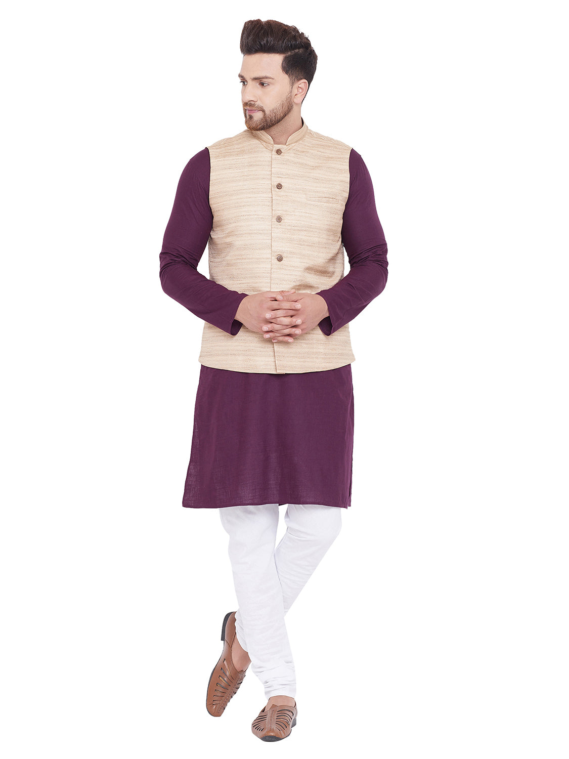 Vastramay Men's Beige, Purple And White Cotton Blend Jacket, Kurta and Pyjama Set - Distacart