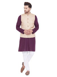 Thumbnail for Vastramay Men's Beige, Purple And White Cotton Blend Jacket, Kurta and Pyjama Set - Distacart