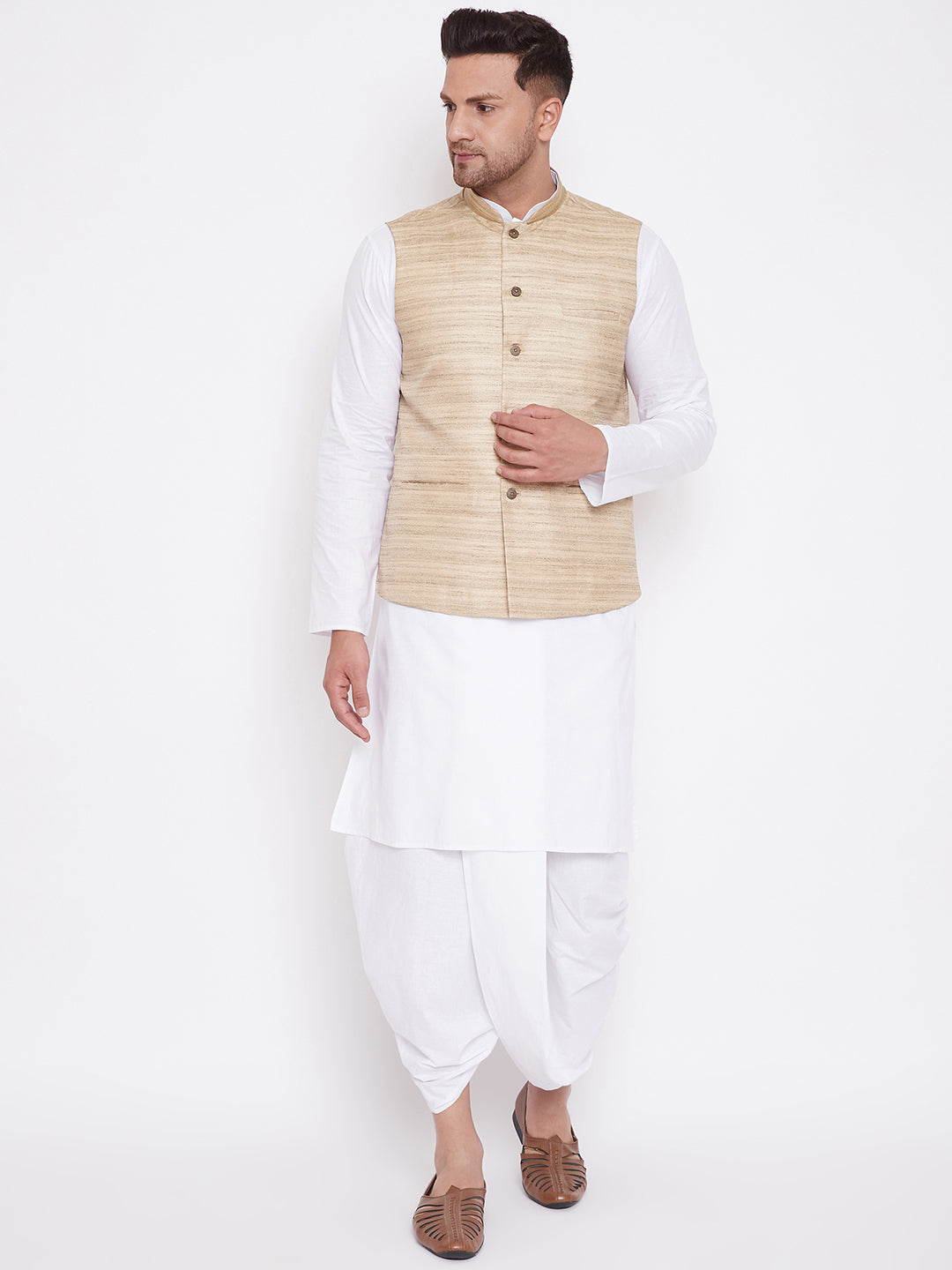 Vastramay Men's Beige And White Cotton Blend Jacket, Kurta and Dhoti Set - Distacart