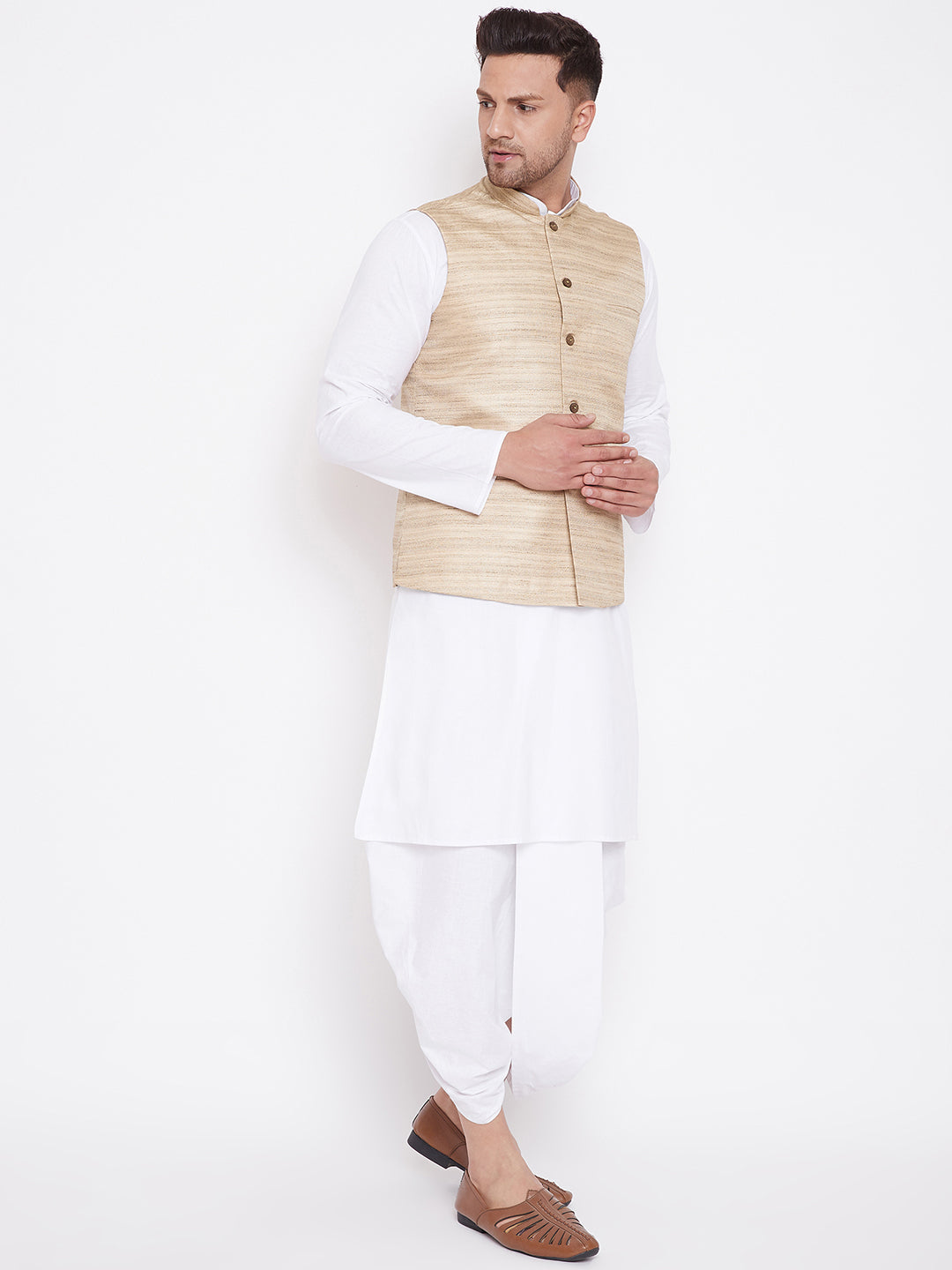 Vastramay Men's Beige And White Cotton Blend Jacket, Kurta and Dhoti Set - Distacart