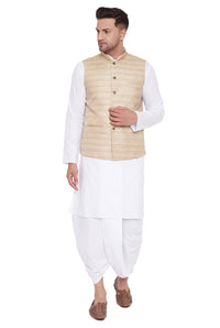 Thumbnail for Vastramay Men's Beige And White Cotton Blend Jacket, Kurta and Dhoti Set - Distacart