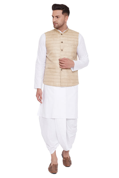 Vastramay Men's Beige And White Cotton Blend Jacket, Kurta and Dhoti Set - Distacart