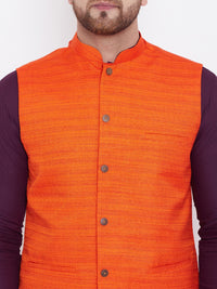 Thumbnail for Vastramay Men's Orange, Purple And White Cotton Blend Jacket, Kurta and Pyjama Set - Distacart