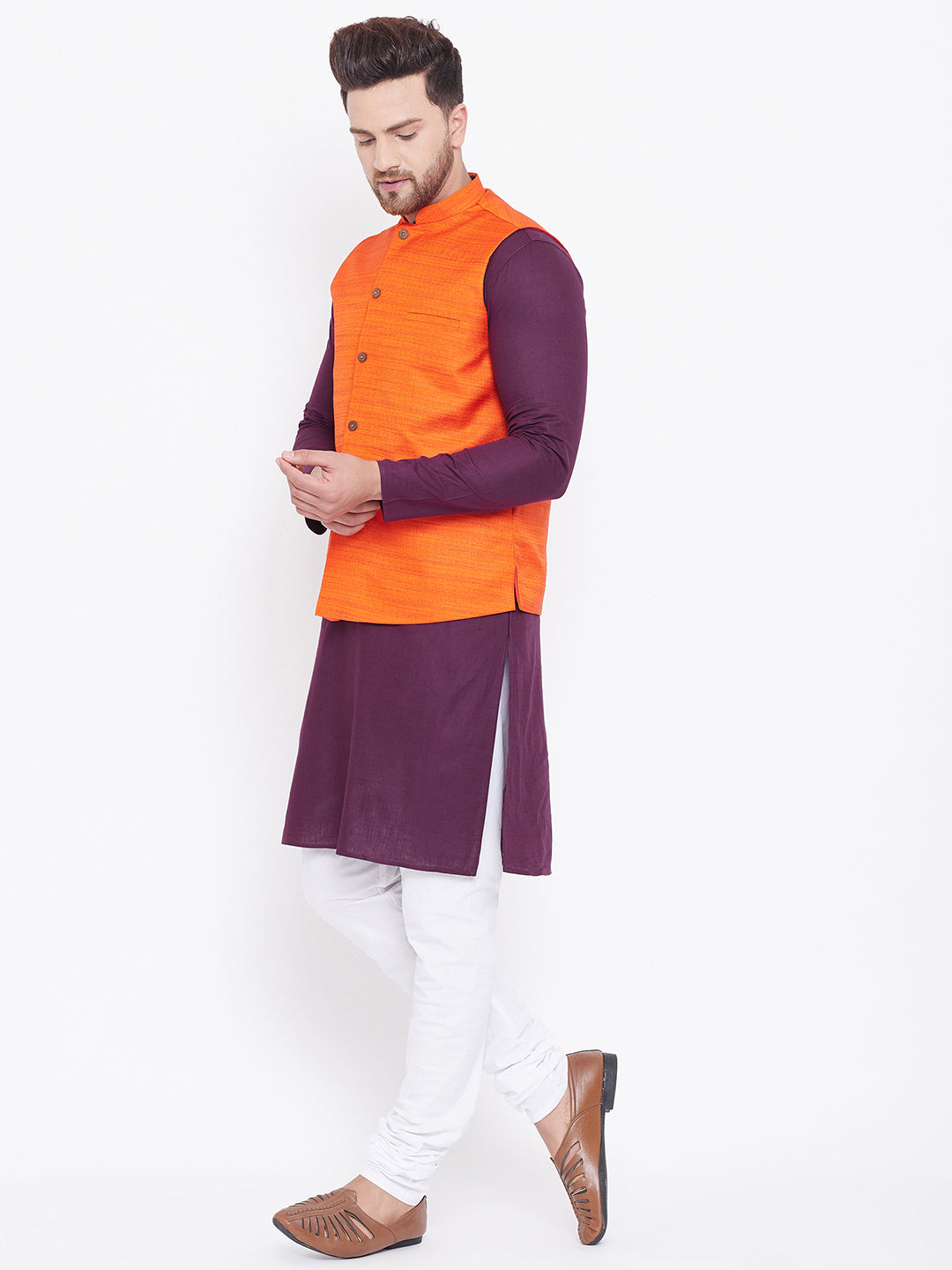 Vastramay Men's Orange, Purple And White Cotton Blend Jacket, Kurta and Pyjama Set - Distacart