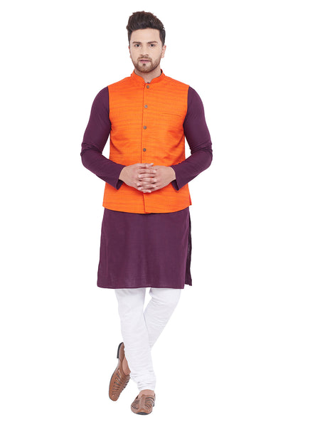 Vastramay Men's Orange, Purple And White Cotton Blend Jacket, Kurta and Pyjama Set - Distacart