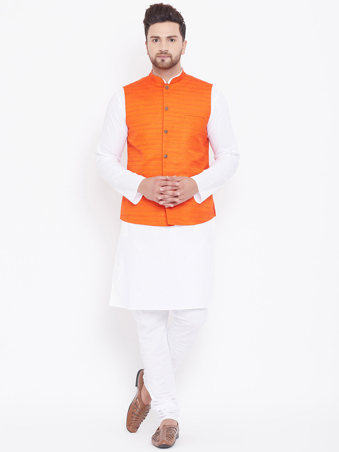 Vastramay Men's Orange And White Cotton Blend Jacket, Kurta and Pyjama Set - Distacart