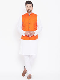 Thumbnail for Vastramay Men's Orange And White Cotton Blend Jacket, Kurta and Pyjama Set - Distacart