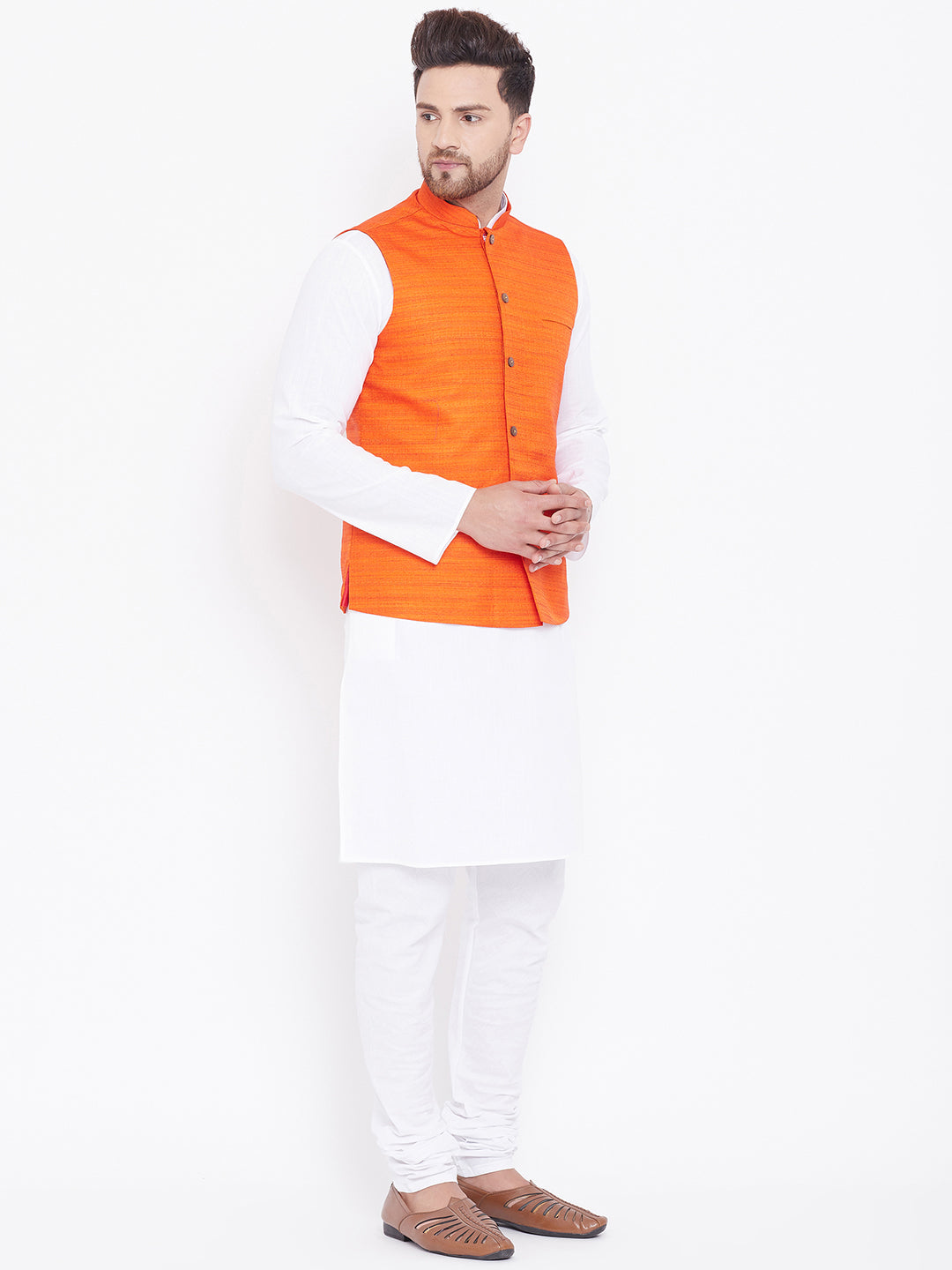 Vastramay Men's Orange And White Cotton Blend Jacket, Kurta and Pyjama Set - Distacart