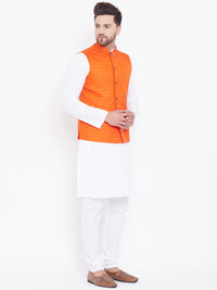 Thumbnail for Vastramay Men's Orange And White Cotton Blend Jacket, Kurta and Pyjama Set - Distacart