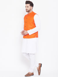 Thumbnail for Vastramay Men's Orange And White Cotton Blend Jacket, Kurta and Pyjama Set - Distacart