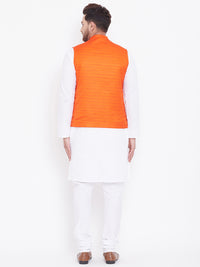 Thumbnail for Vastramay Men's Orange And White Cotton Blend Jacket, Kurta and Pyjama Set - Distacart