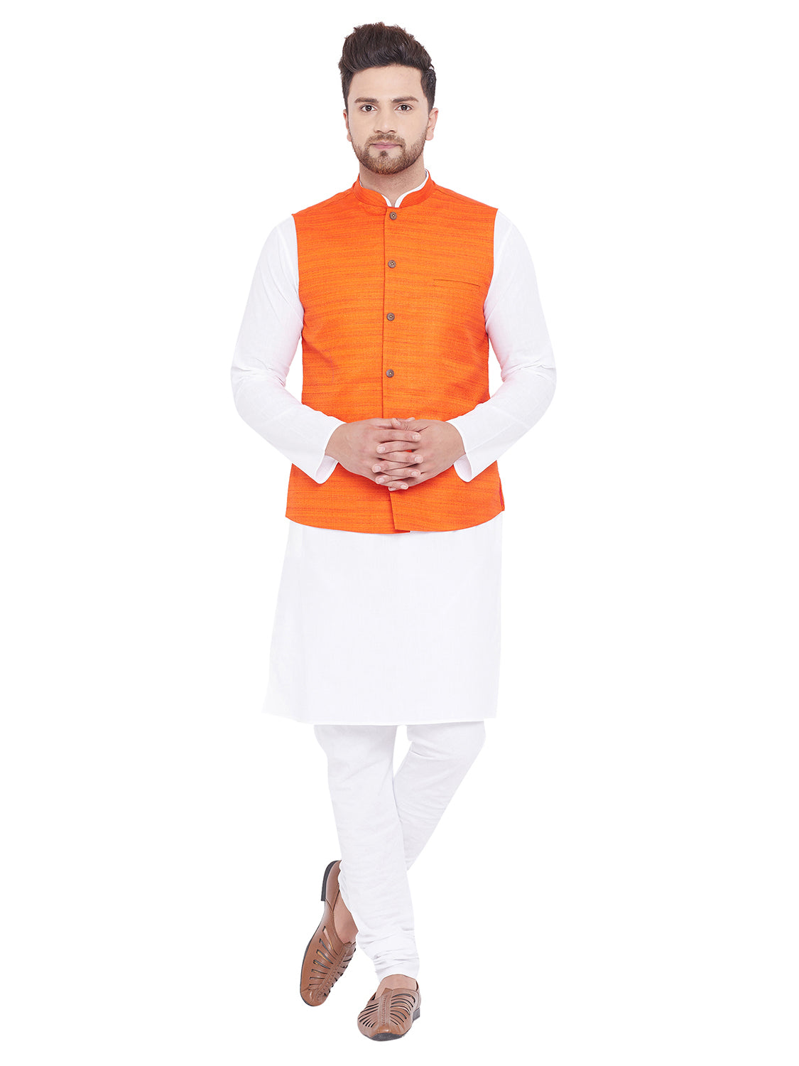 Vastramay Men's Orange And White Cotton Blend Jacket, Kurta and Pyjama Set - Distacart