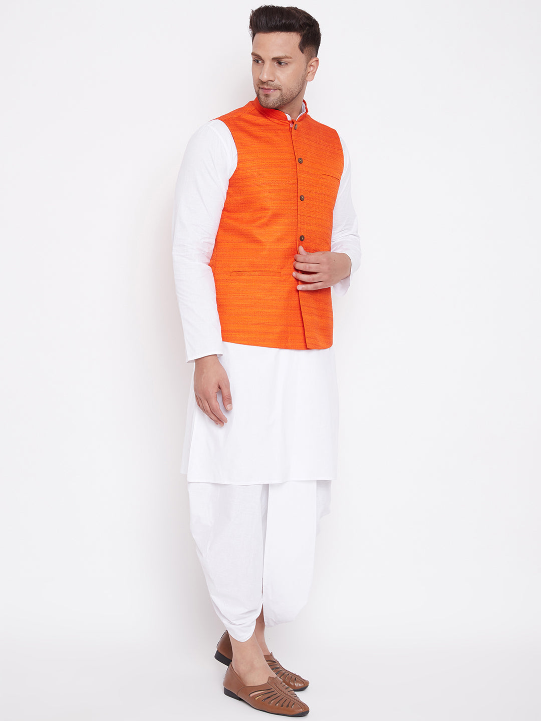 KISAH Men's Indian Cotton Silk Kurta and Churidar with Cotton Silk Nehru  Jacket 44 Orange Kurta and Black Jacket for Wedding & Festive Season at  Amazon Men's Clothing store