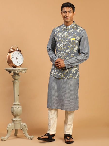 Vastramay Men's Grey And Cream Cotton Blend Jacket, Kurta And Pyjama Set - Distacart