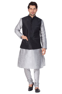 Thumbnail for Vastramay Men's Grey Silk Blend Jacket, Kurta and Pyjama Set - Distacart